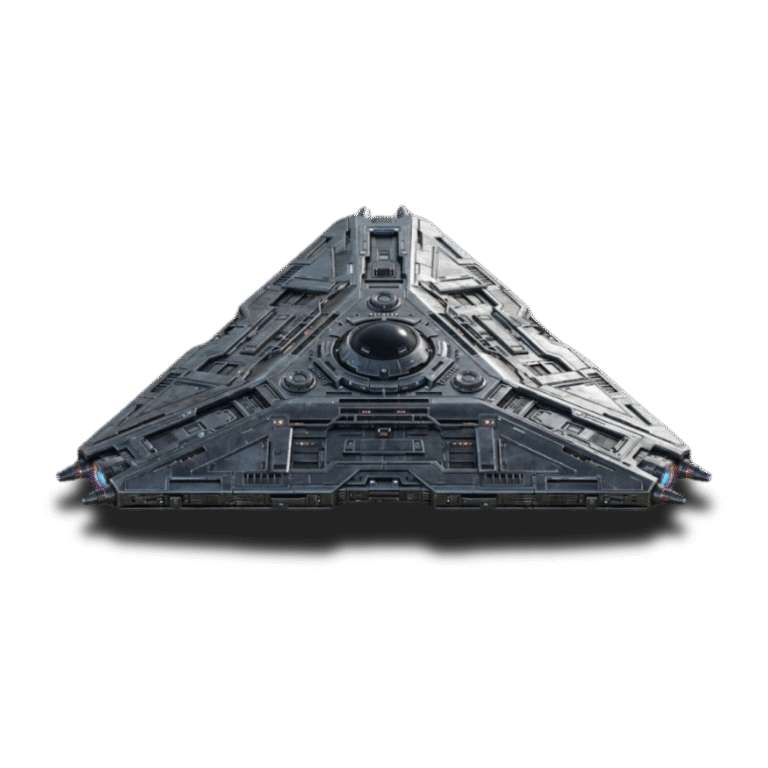 Triangular unidentified anomalous craft seen head-on, matte grey hull with no visible propulsion